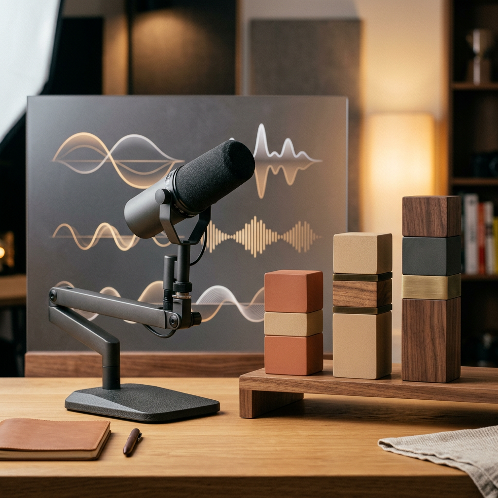 Studio microphone in front of sound wave graphics and stacked blocks