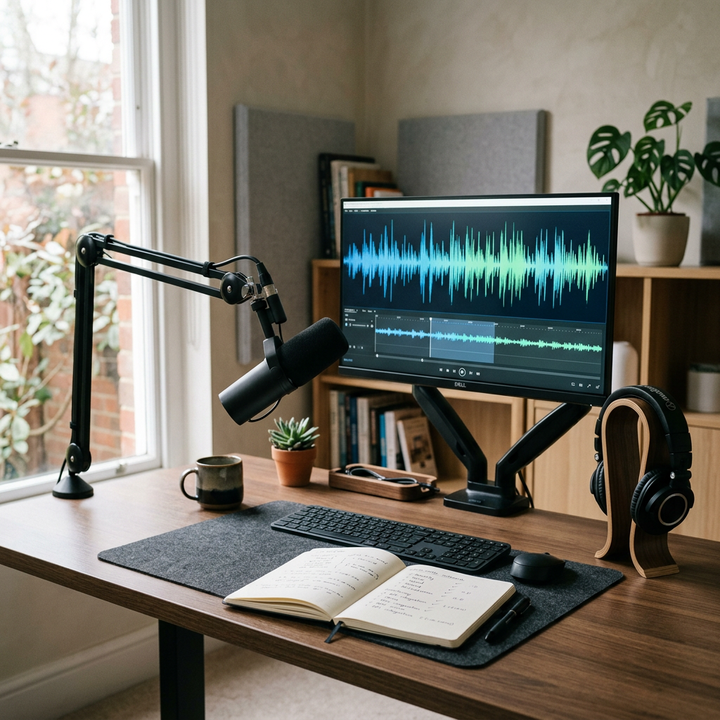 Podcast microphone beside monitor displaying an audio waveform, headphones, keyboard, and notebook