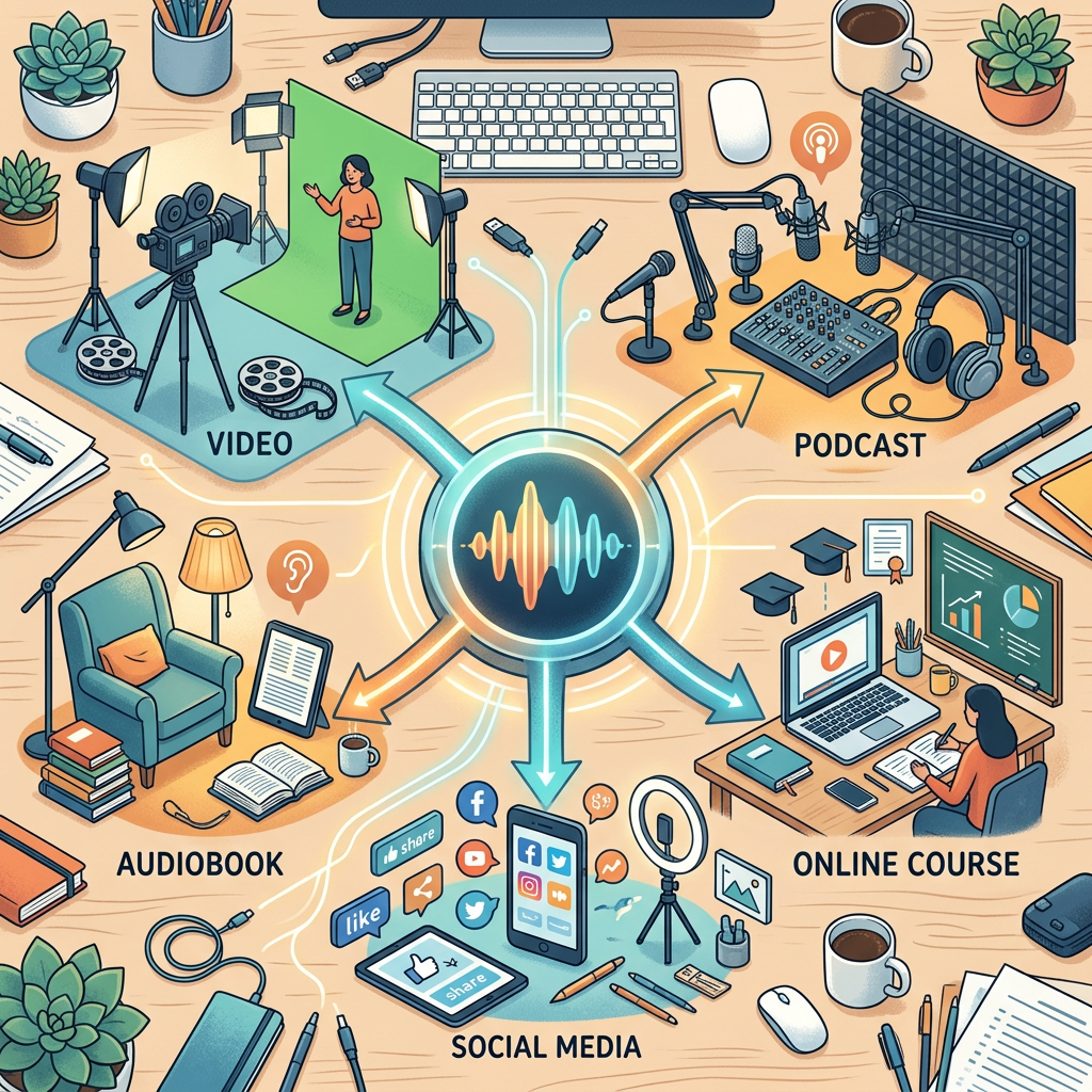 Multimedia workflow labeled VIDEO, PODCAST, AUDIOBOOK, ONLINE COURSE, and SOCIAL MEDIA
