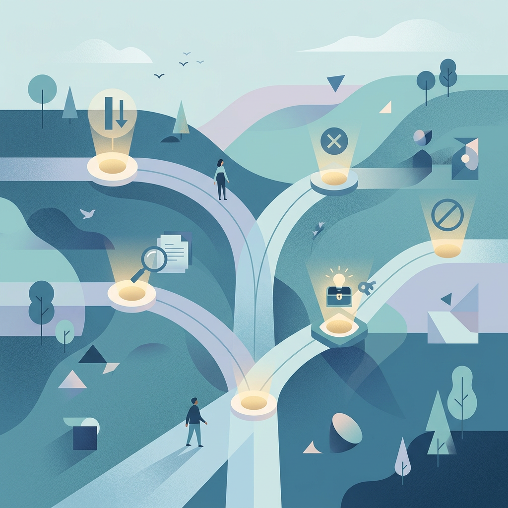 Illustration of branching paths with symbols for choices and opportunities