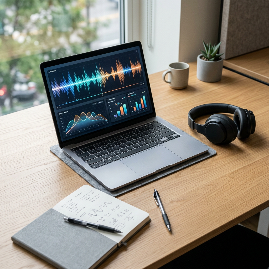 Laptop, audio waveforms, charts, headphones, notebook