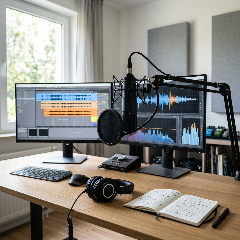Home audio workstation with microphone, headphones, notebook, and waveform monitors