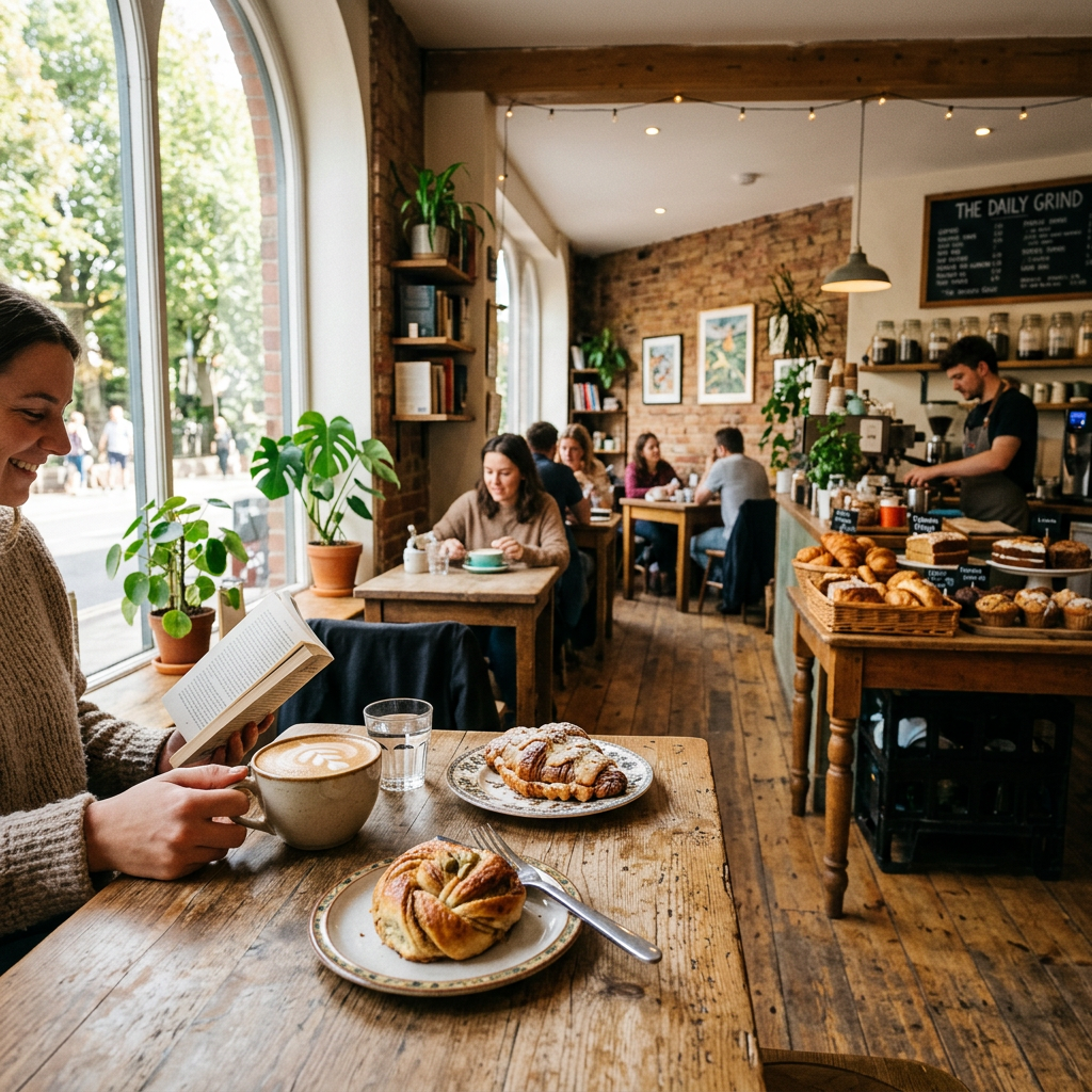 Customer reading beside coffee, pastries, plants, and café counter